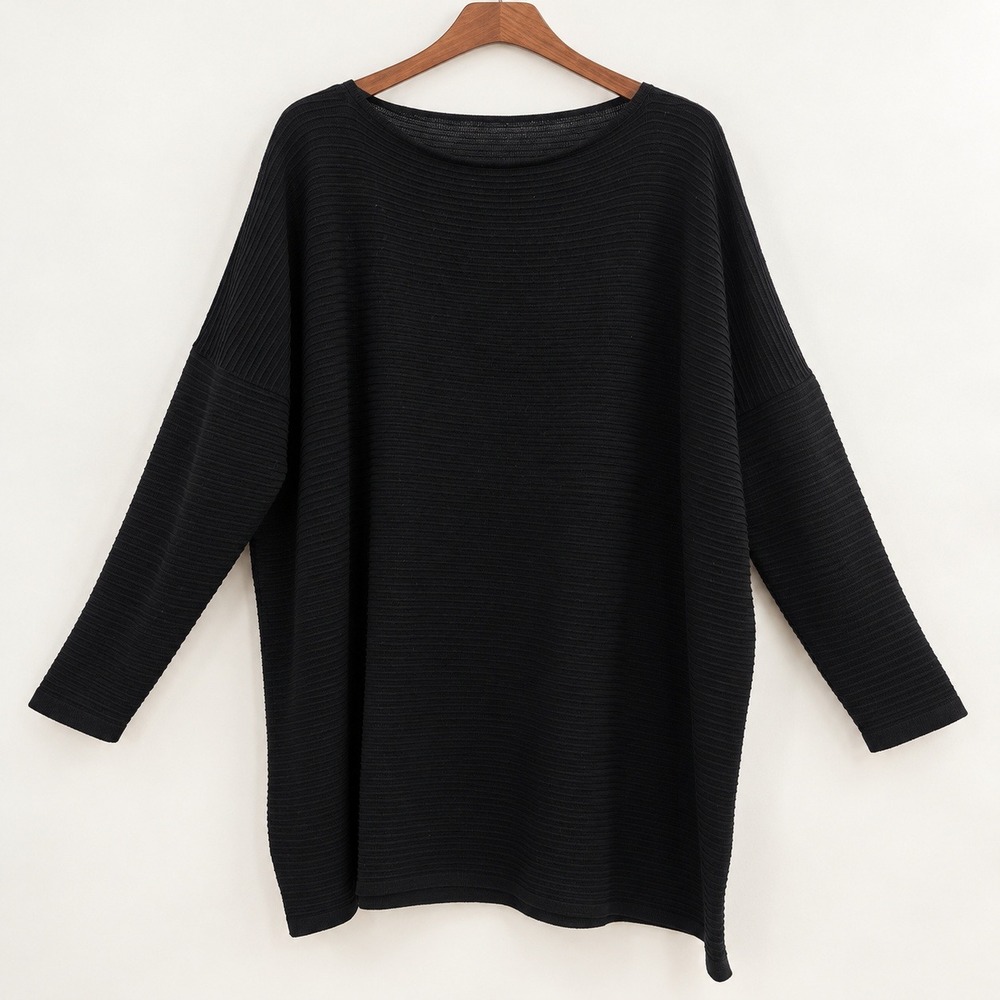 Eskandar Quiet Luxury Silk Ribbed Knit Tunic Women OS Lagenlook Minimalist Black